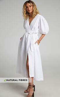 Amalie The Label Franc Midi Dress - Linen Puff Sleeve Wrap in White