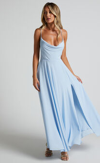Celestine Midaxi Dress - Lace Up Back Cowl Neck Dress in Pale Blue