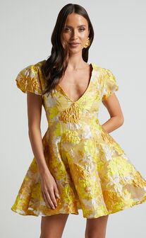 Brailey Jacquard Mini Dress - Puff Sleeve Dress in Yellow Floral