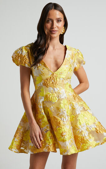 Brailey Jacquard Mini Dress - Puff Sleeve Dress in Yellow Floral