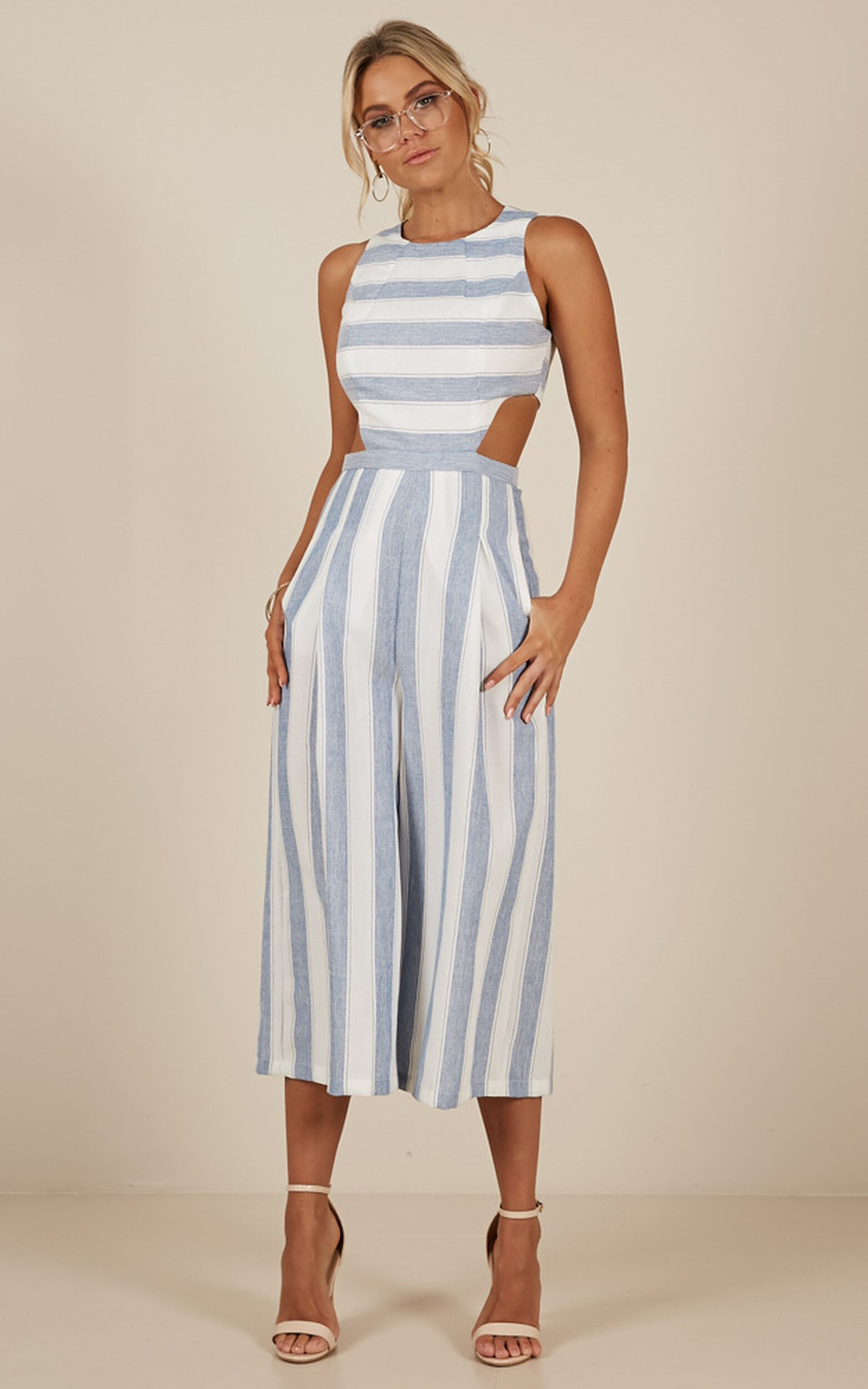 Out Dream Yourself Jumpsuit In Blue Stripe Linen Look | Showpo USA