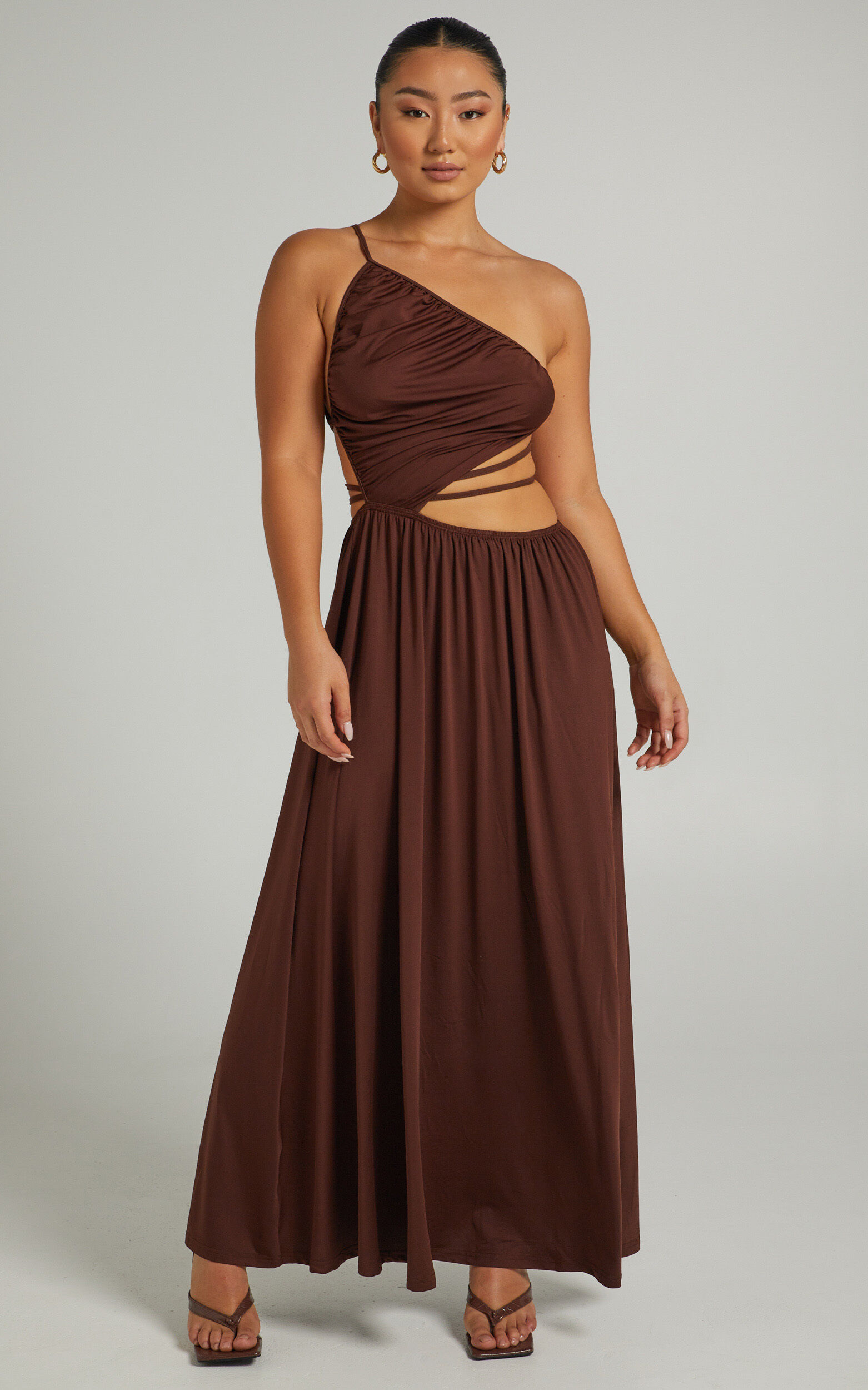 Ornella Maxi Dress with Tie up Details in Chocolate - L, BRN1, super-hi-res image number null