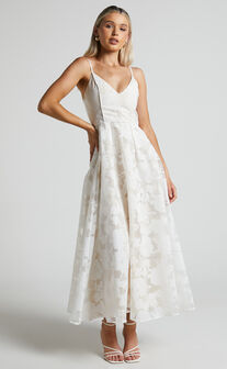 Philine Plunge Fit and Flare Maxi Dress in White