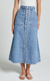 Alisa Midi Skirt - Button Through A Line Denim in Mid Blue Wash ...