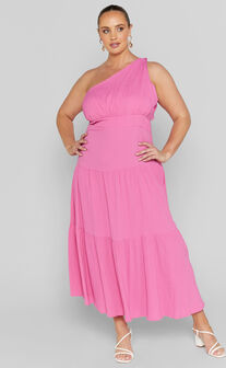 Celestia Midaxi Dress - Tiered One Shoulder Dress in Bright Pink