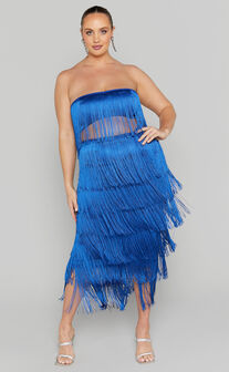 Amalee Two Piece Set - Fringe Strapless Crop Top and Midaxi Skirt Set in Cobalt Blue