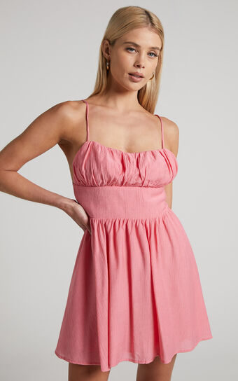 Dhalia Mini Dress - Ruched Bust Fit and Flare Dress in Pink