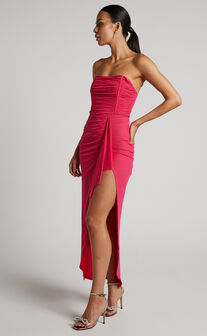 Nora Midaxi Dress - Corset Detailing Dress in Hot Pink