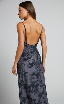 Brunita Midaxi Dress - V Neck Low Scoop Back Slip Dress in Charcoal Marble