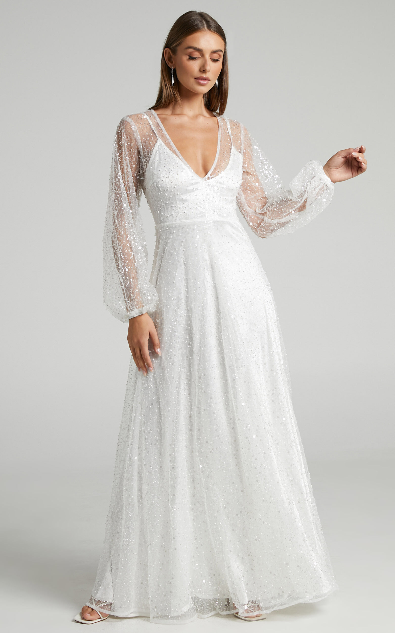 Leauna Bridal Gown - Sheer Long Sleeve Deep V Neck Embellished Tulle ...