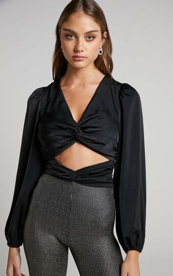 Ransley Top - Cut Out Twist Front Long Sleeve Blouse in Black