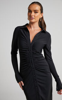 Keaton Midi Dress - Ruched Front Collared Long Sleeve Bodycon Dress in Black
