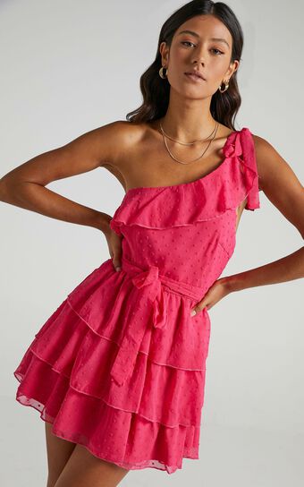 Darling I Am A Daydream One Shoulder Ruffle Mini Dress in Hot Pink