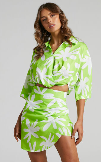 Clarrie Two Piece Set - Crop Top Wrap Skirt Two Piece Set in Neon Green/White
