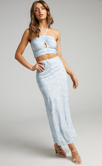 Cloudy Dreams Maxi Skirt Two Piece Set in Light Blue/White