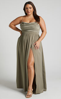 Gemalyn Maxi Dress - Cowl Neck Thigh Split Dress in Olive