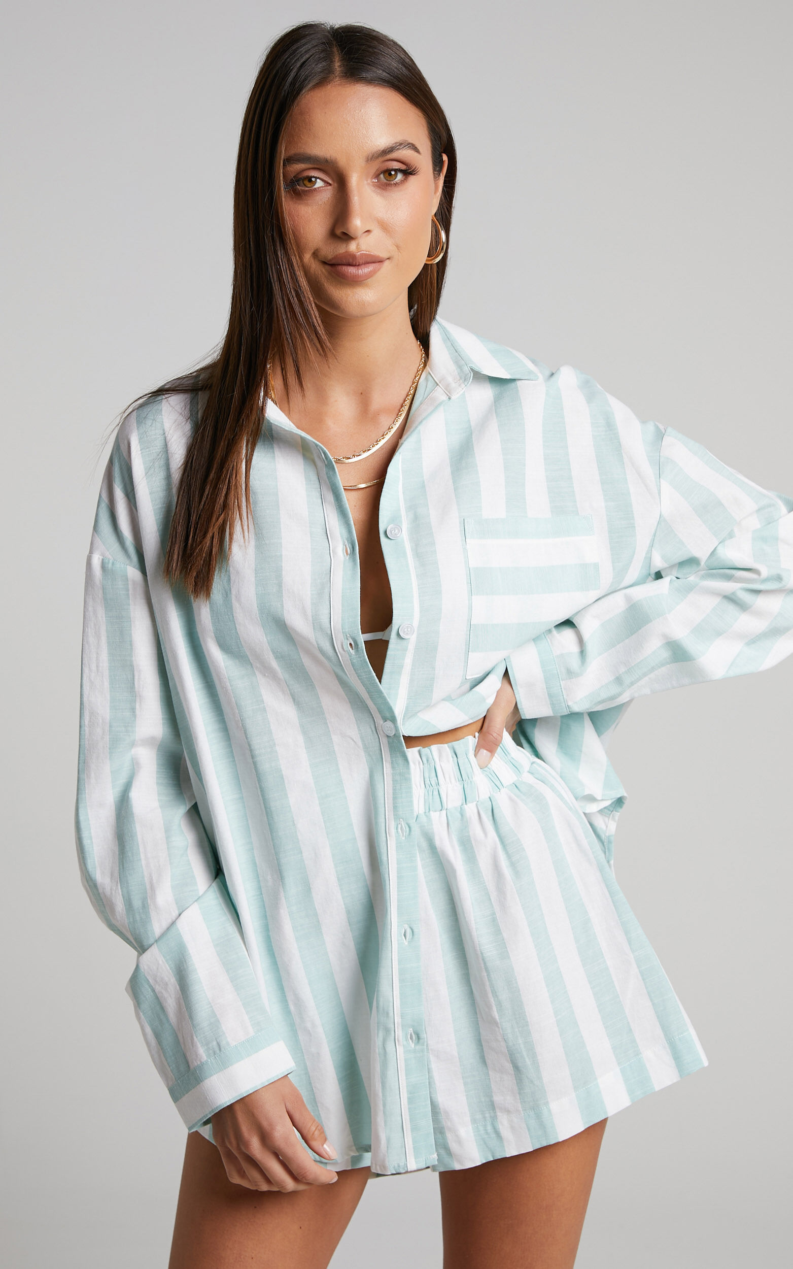 Sahle Shirt - Oversized Striped Shirt in Mint - 04, GRN2