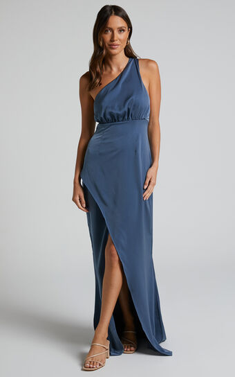 Sandara Maxi Dress - One Shoulder Strappy Back Dress in Steel Blue
