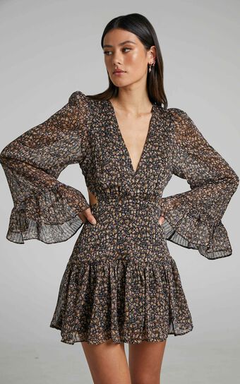 Laine Long Sleeve Side Cut Out Mini Dress in Black Base Floral