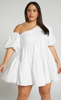 Harleen Mini Dress - Asymmetrical Trim Puff Sleeve Dress in White