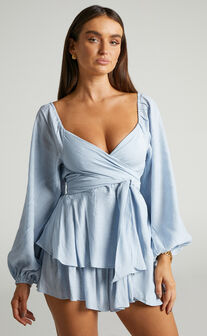 Florice Wrap Front Frill Playsuit in Pale Blue
