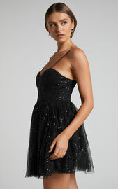 Diana Mini Dress - Sequin Tulle Sweetheart Corset Dress in Black ...