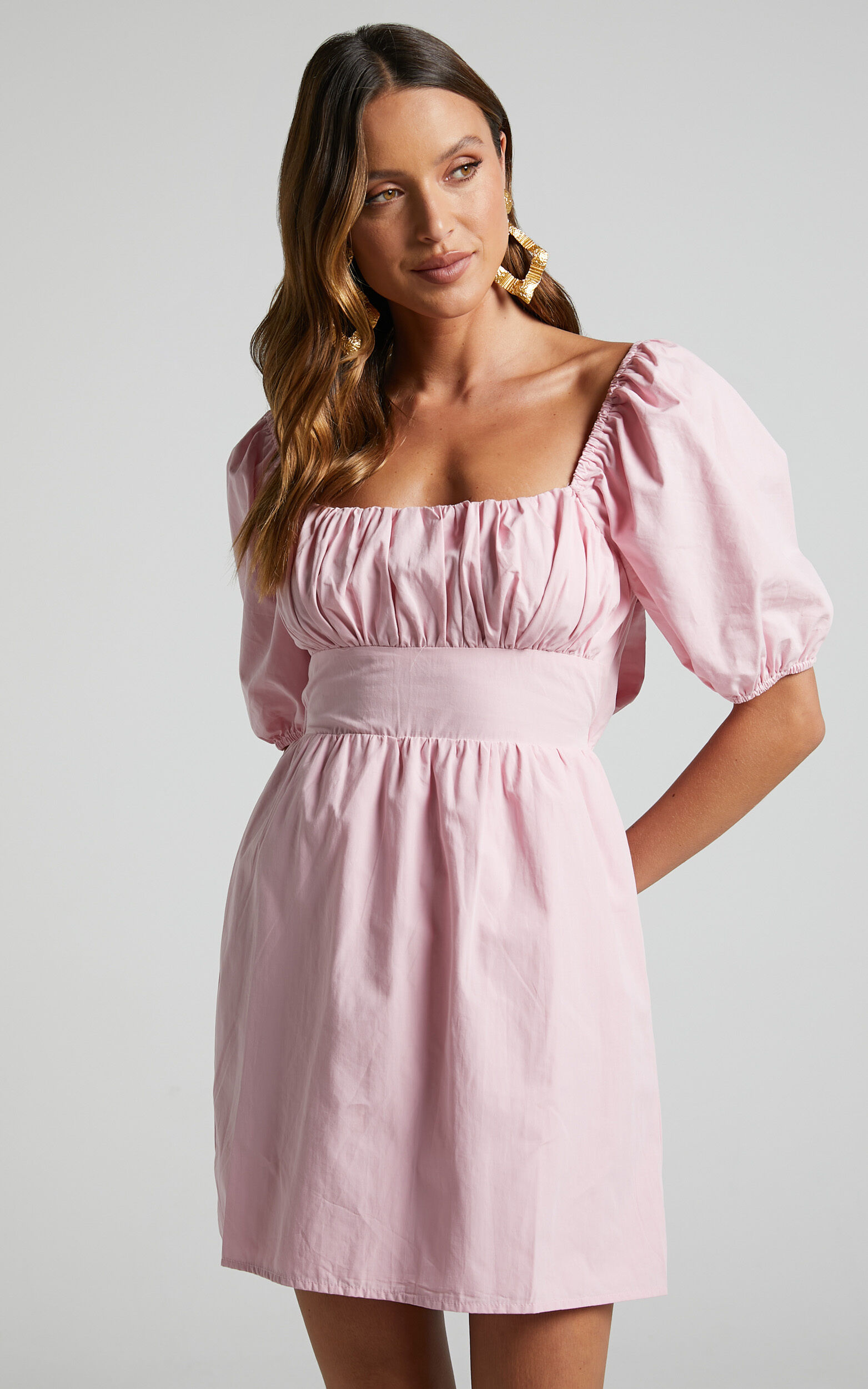 Branson Short Puff Sleeve Tie Back Mini Dress in Pink - 06, PNK1, super-hi-res image number null