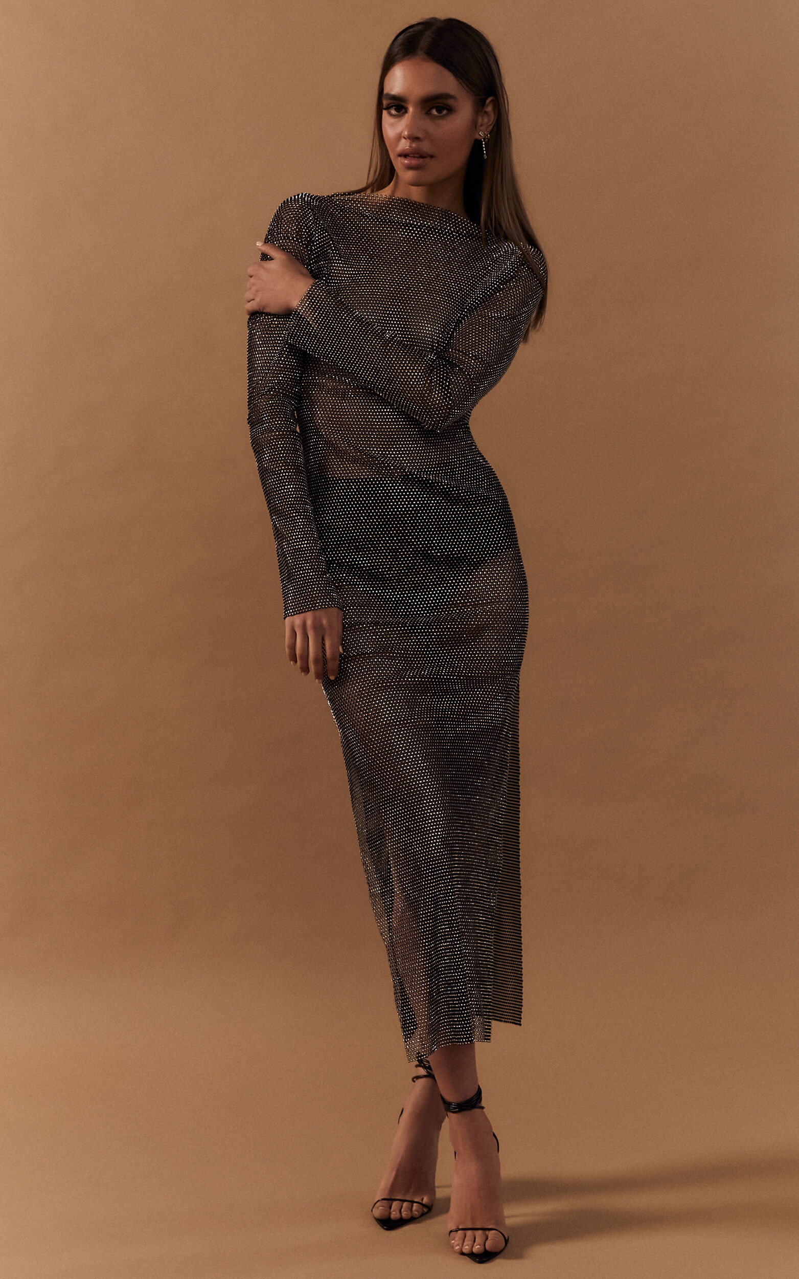 Katerina Maxi Dress - Long Sleeve Split Diamante Mesh Dress in Black - OneSize, BLK1, super-hi-res image number null