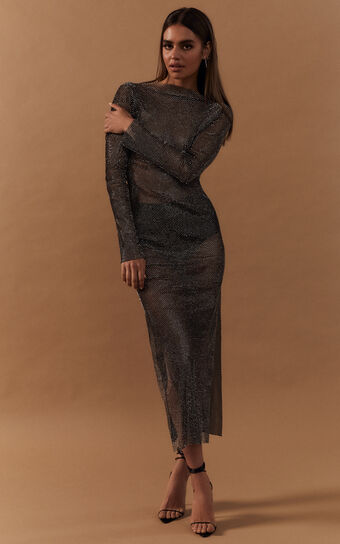 Katerina Maxi Dress - Long Sleeve Split Diamante Mesh Dress in Black