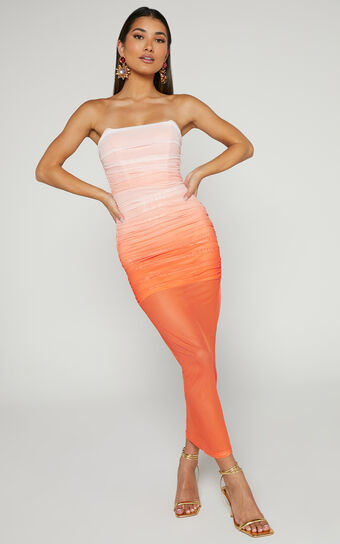 Alezia Midaxi Dress - Strapless Bodycon Dress in Orange