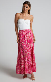 Lydia Skirt - Tiered Maxi Skirt in Pink Floral