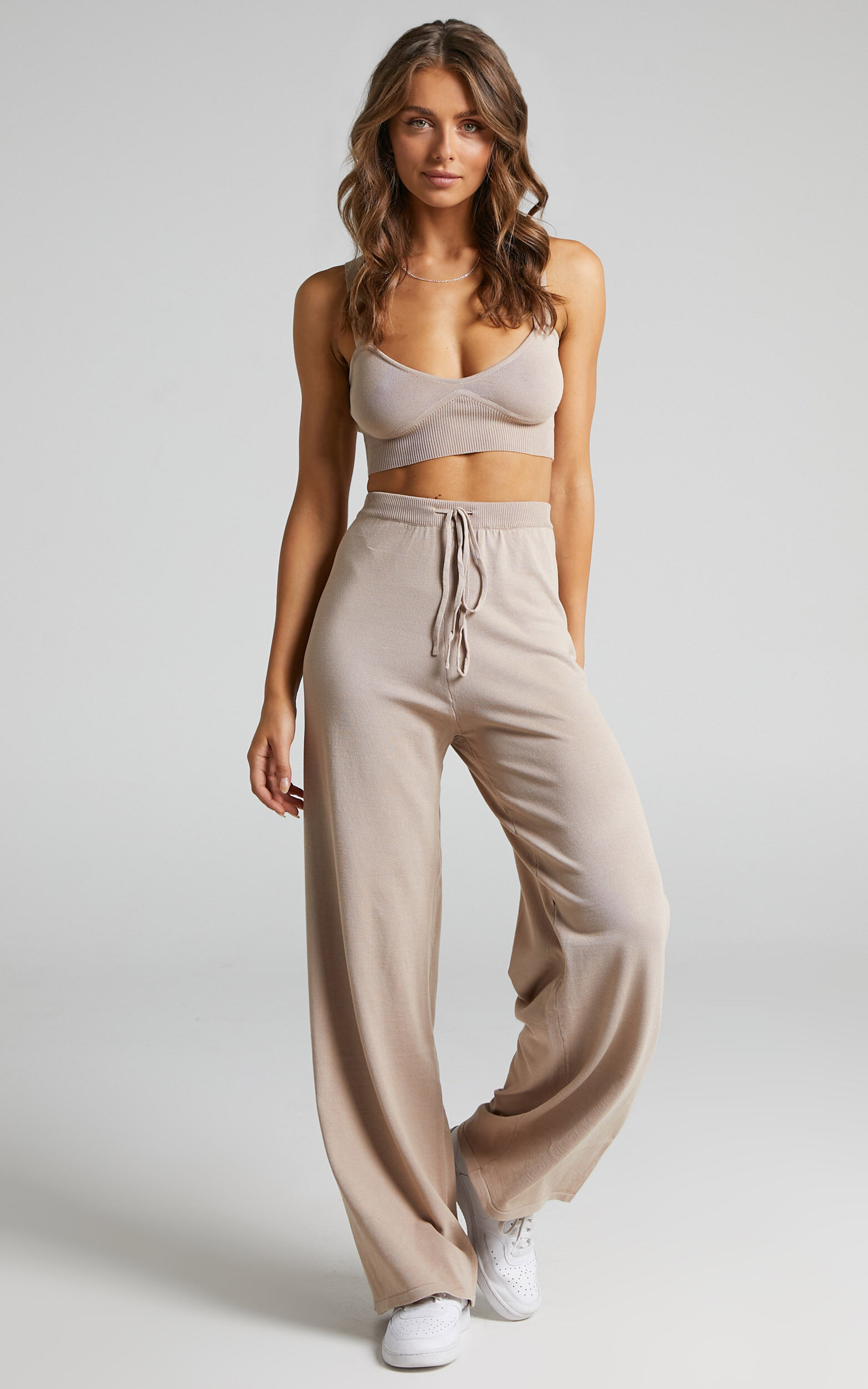 Chonnie Knit Bralette Top and Wide Leg Pants Two Piece Set in Mocha - 06, BRN1