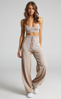 Chonnie Knit Bralette Top and Wide Leg Pants Two Piece Set in Mocha