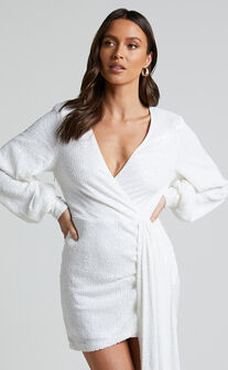 Claudilyn Mini Dress - Sequin Drape Detail Long Sleeve Faux Wrap Dress in White