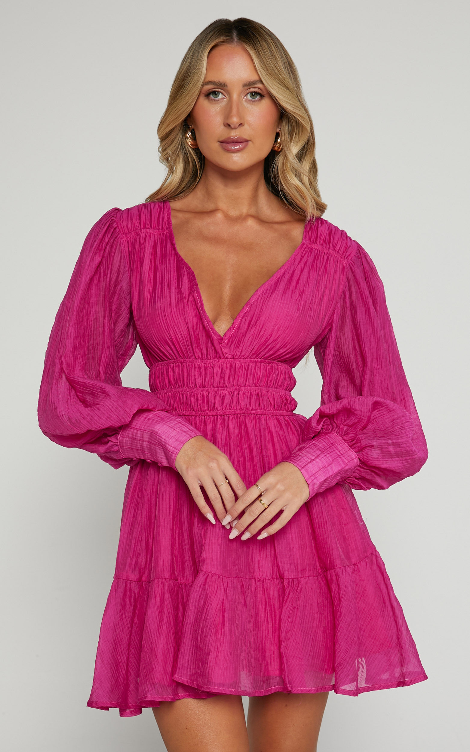Phillipa Mini Dress - V Neck Dress in Hot Pink - 04, PNK1