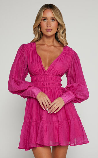 Phillipa Mini Dress - V Neck Dress in Hot Pink