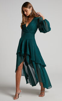 Claudita Long Sleeve Hi-Low Hem Maxi Dress in Emerald