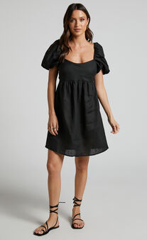 Amalie The Label - Charlotte Linen Puff Sleeve Open Back Mini Dress in Black