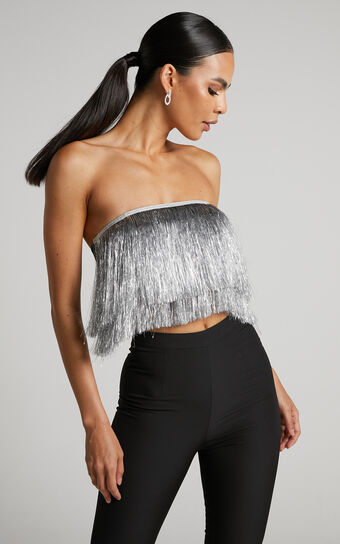 Dina Top - Strapless Fringe Tier Crop Top in Silver