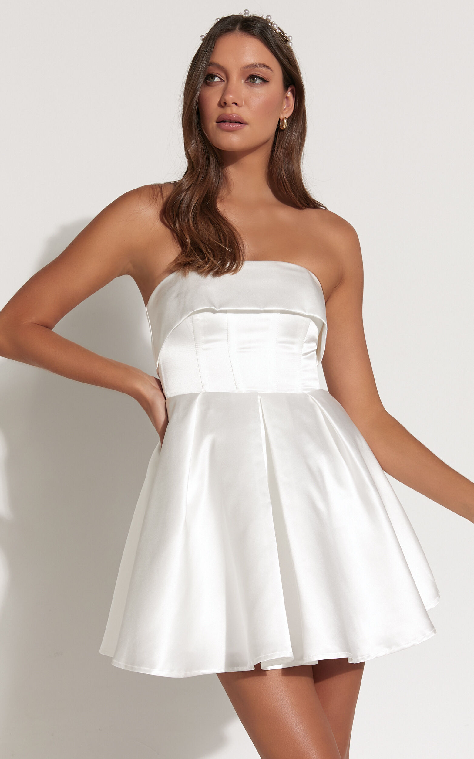 Valora Mini Dress - Strapless Fit and Flare Satin Dress in Ivory - 04, WHT1