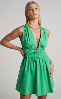 Haydie Mini Dress - Plunge Neck Pleat Detail Dress in Green