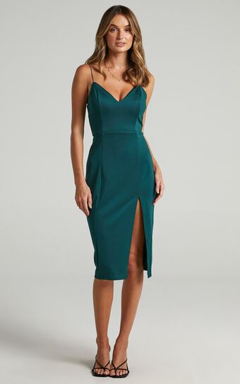Big Ideas Midi Dress - V Neck Thigh Split Dress in Emerald