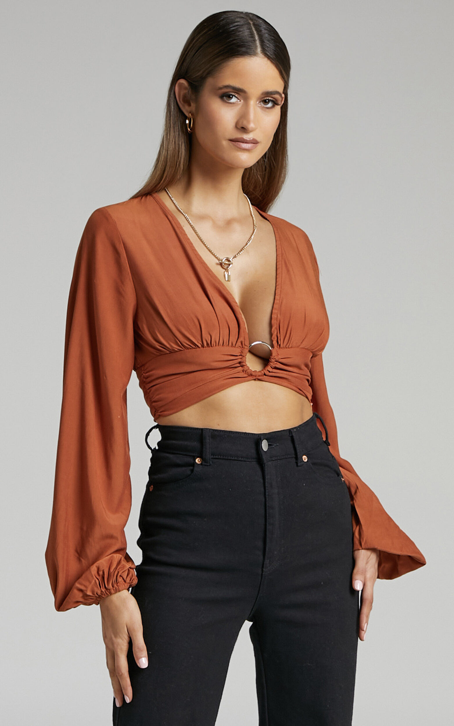 Jeraldine O Ring Detail Balloon Sleeve Top in Rust - 06, BRN1, super-hi-res image number null