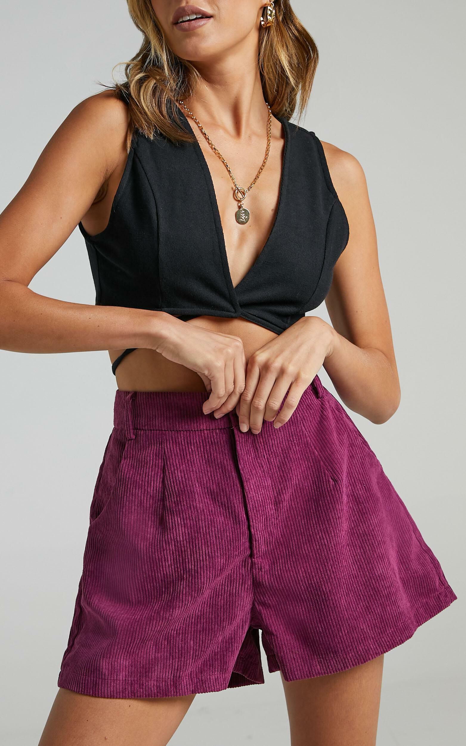 Tovil Shorts - High Waisted Corduroy Shorts in Mulberry - 06, PRP6