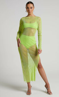Karmen Midi Dress - Long Sleeve Split Diamante Mesh Dress in Lime