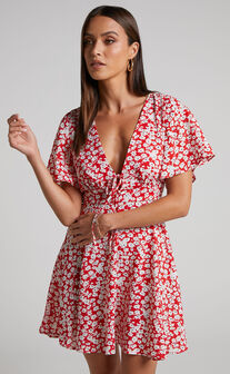 Rosario Mini Dress - Flutter Sleeve V Neck Dress in Red Ditsy Floral
