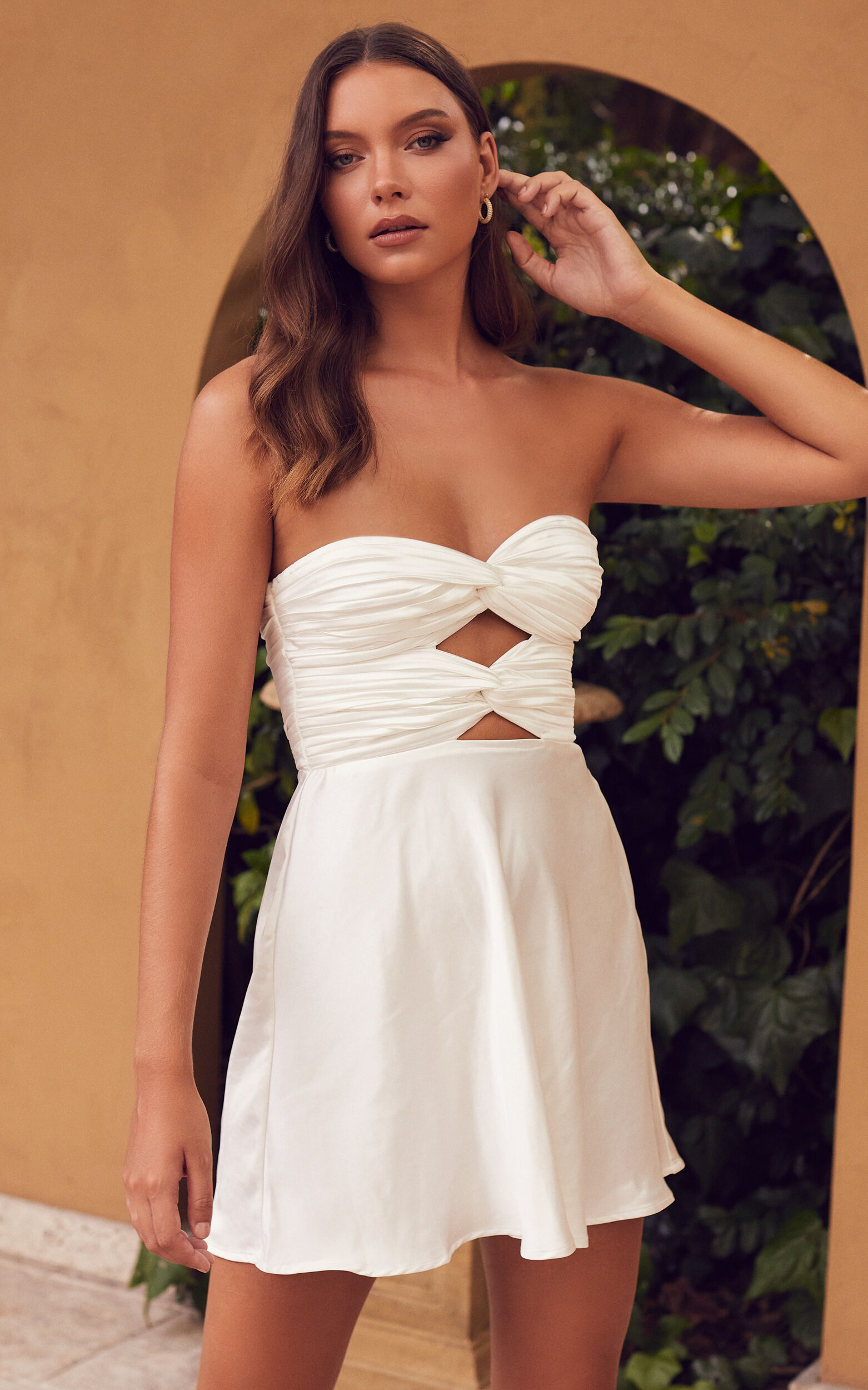 Almaeh Mini Dress - Twist Front Cut Out Strapless Slip Dress in White - 06, WHT1, super-hi-res image number null