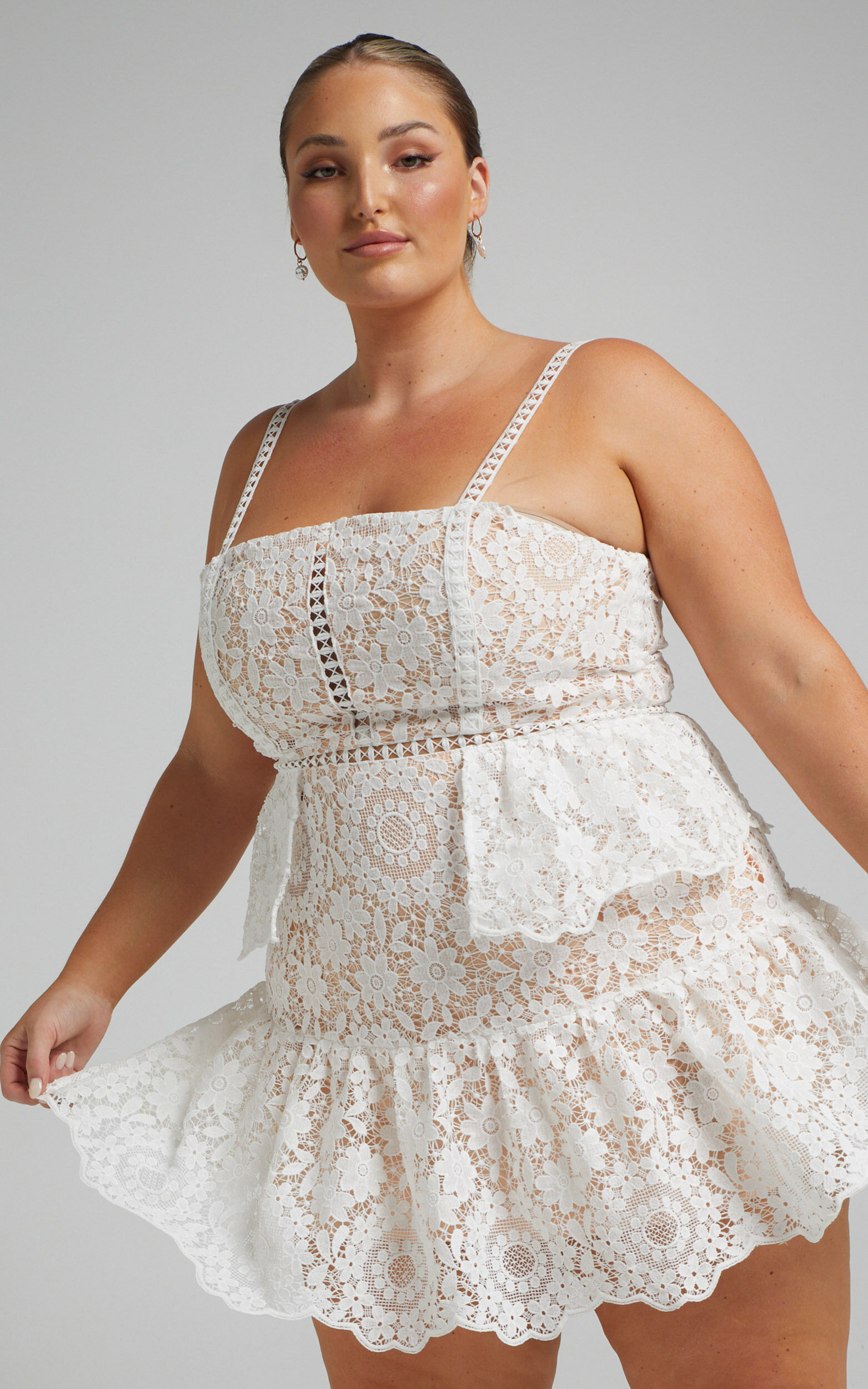 Monay Ruffle Hem Lace Mini Dress in White - 04, WHT2, super-hi-res image number null