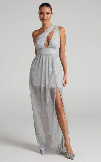 Anicee Maxi Dress - Cut Out One Shoulder Plisse Dress in Silver