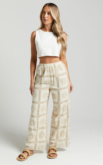 Cassidy Pant - Elasticated Linen Look Pants in Beige Sun Print